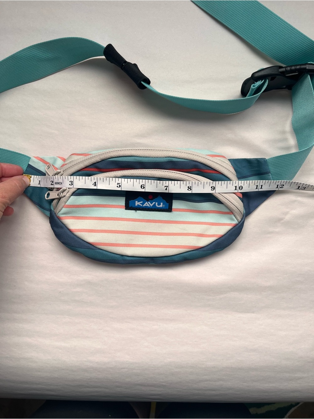 KAVU Striped Fanny Pack Belt Bag in Teal and Coral - Picture 8 of 9